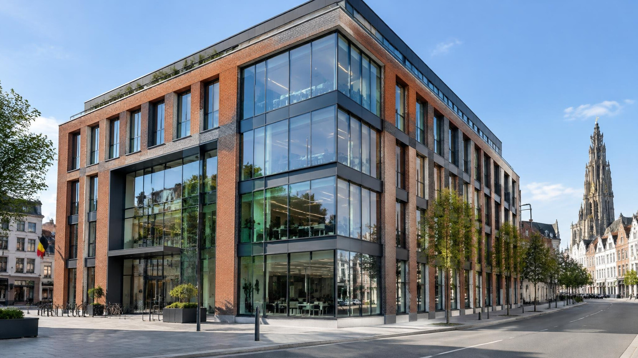 Modern brick building facade with large windows in a European city