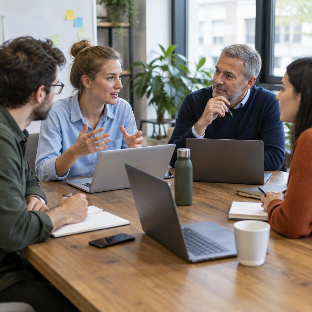 Group of colleagues discussing around a table with laptops