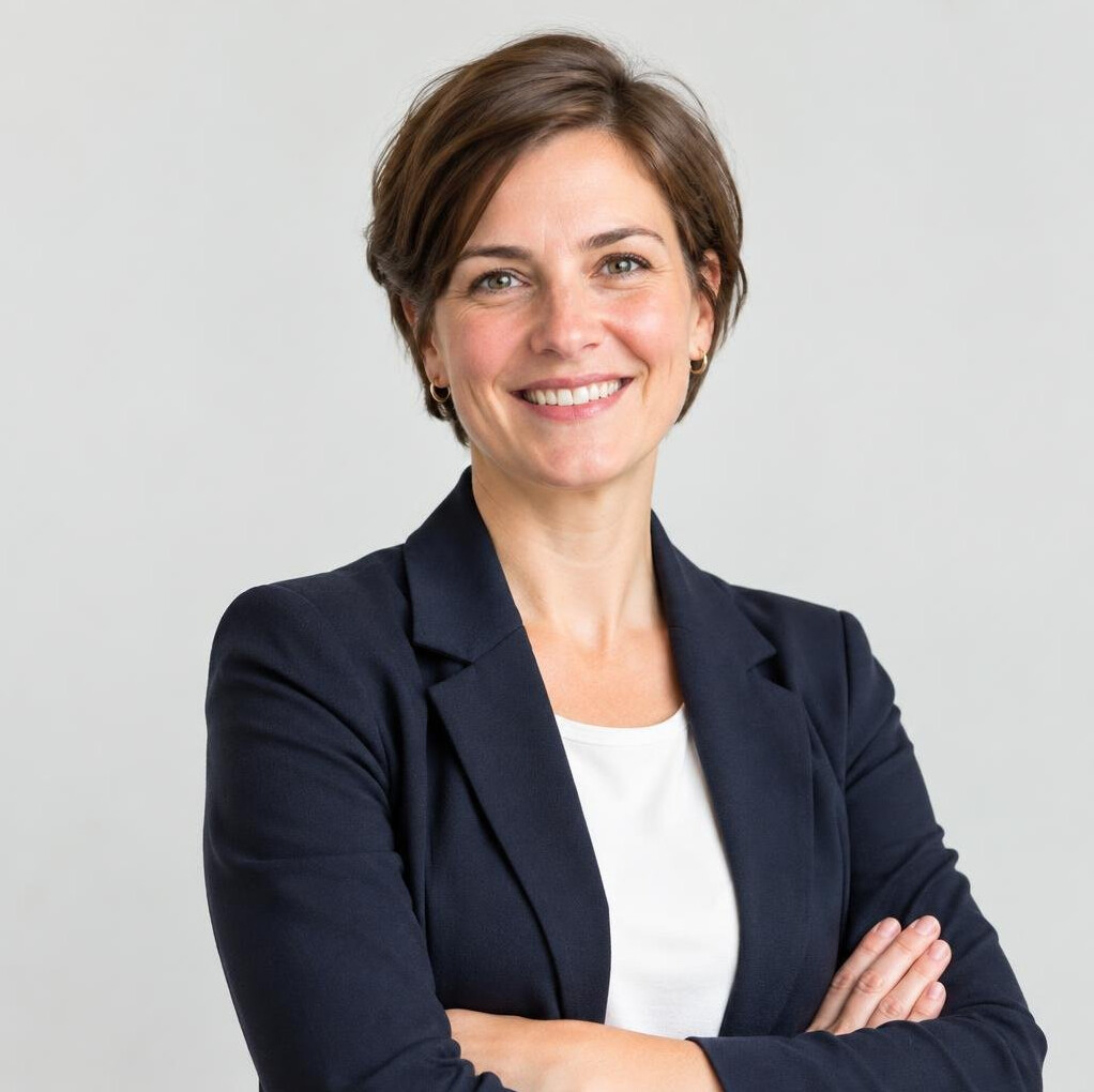 Belgian woman in business attire smiling with arms crossed
